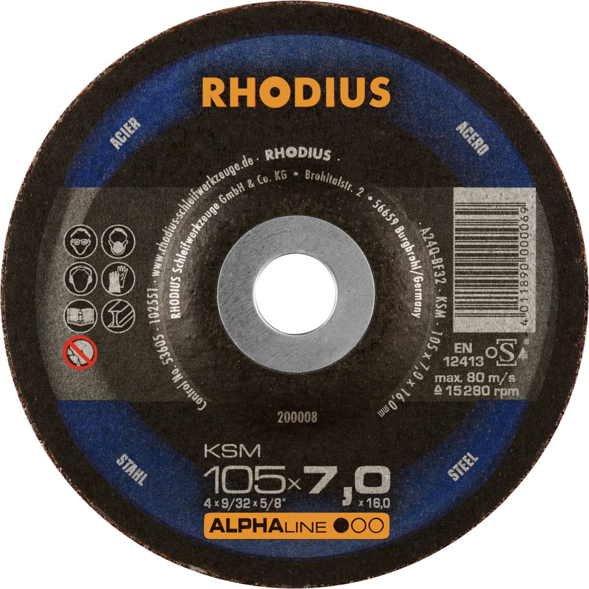 Disque à tronçonner portant l'inscription 'RHODIUS', diamètre de 105 mm, adapté pour l'acier, vitesse max. 80 m/s, épaisseur de 7 mm, marquage de sécurité.