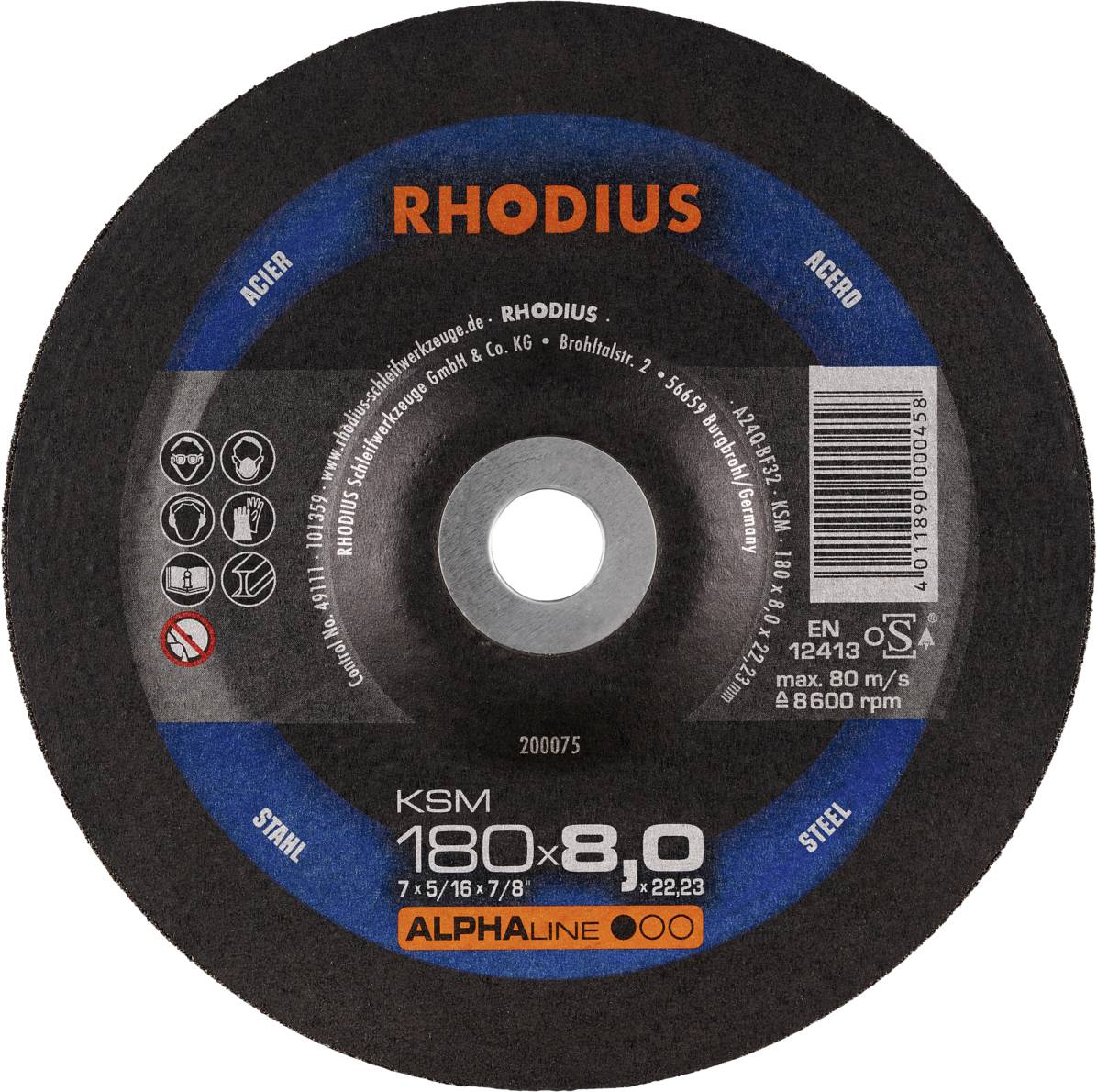 Disque à meuler portant l'inscription 'Rhodius', adapté pour l'acier et l'acier inoxydable, diamètre 180 mm, épaisseur 8 mm, vitesse maximale 80 m/s.