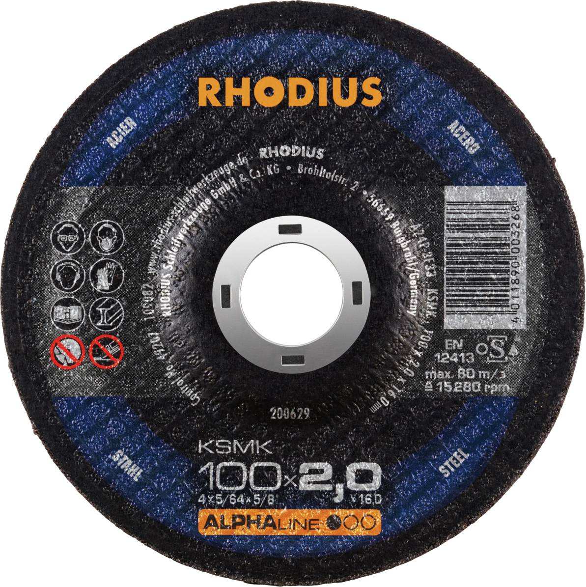 Disque à tronçonner 'RHODIUS', 100 x 2,0 mm, 16,0, adapté pour l'acier, Norme EN 12413, vitesse de rotation maximale 15 280 tr/min, Fabricant : Rhodius Schleifwerkzeuge.
