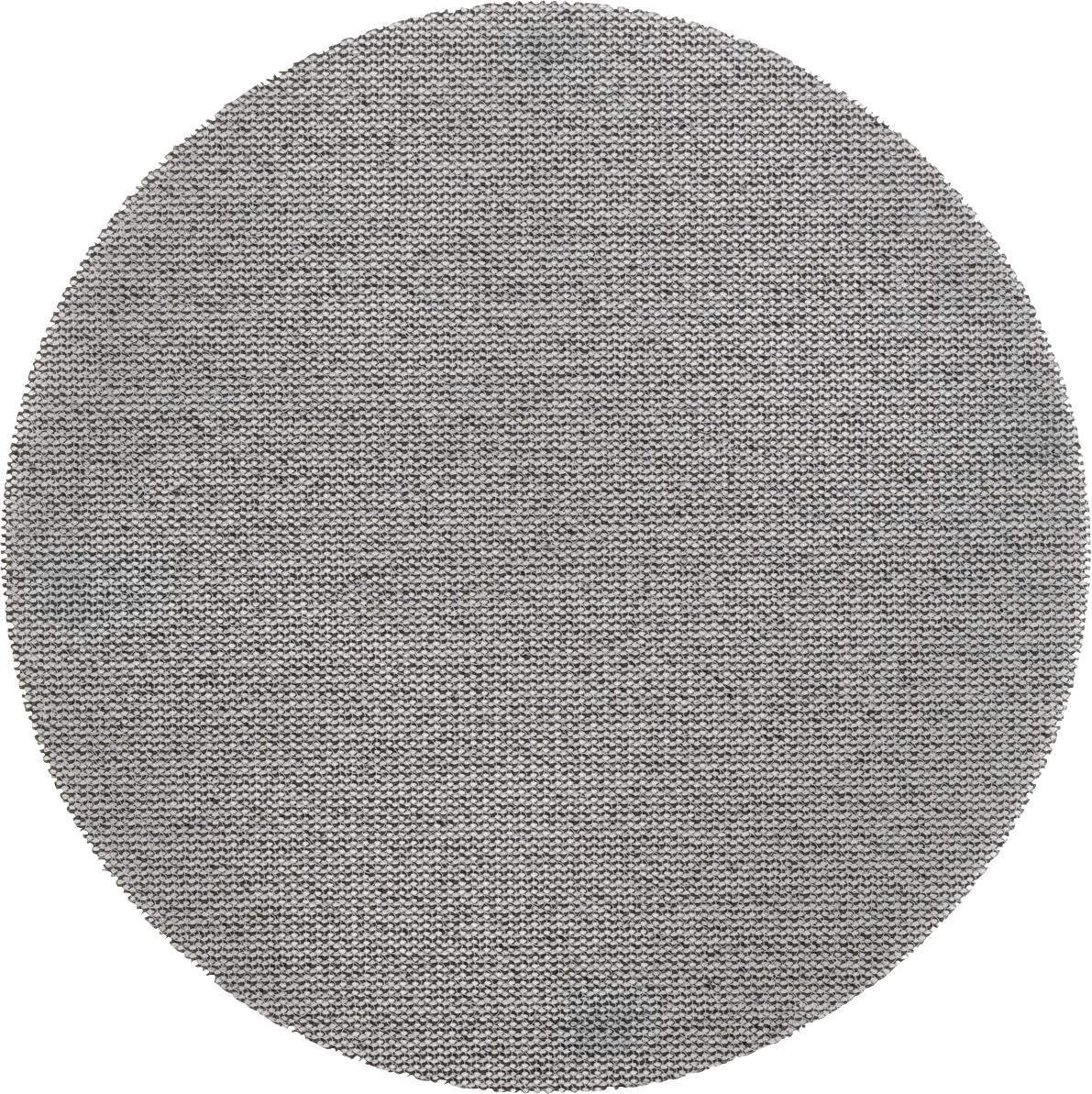 Tissu gris, rond et découpé, présentant une structure de tissage uniforme.