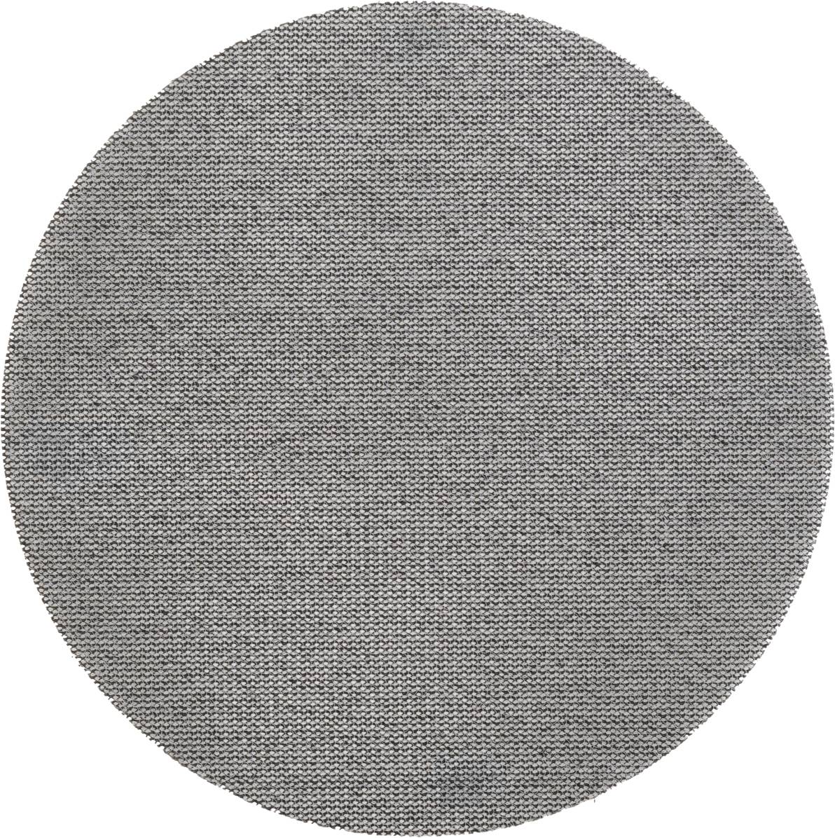 Tapis gris, rond, à surface uniforme et structurée, probablement fabriqué à partir d'un matériau doux comme la laine ou le coton.