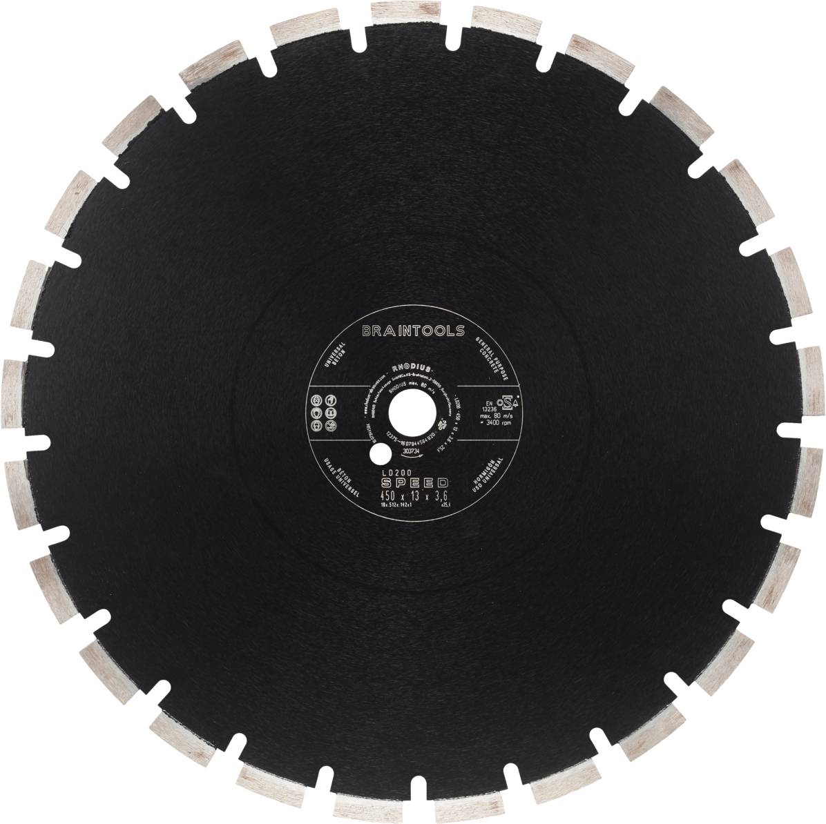 Un disque de coupe circulaire à bord dentelé et centre noir, adapté pour couper des surfaces métalliques ou en pierre.