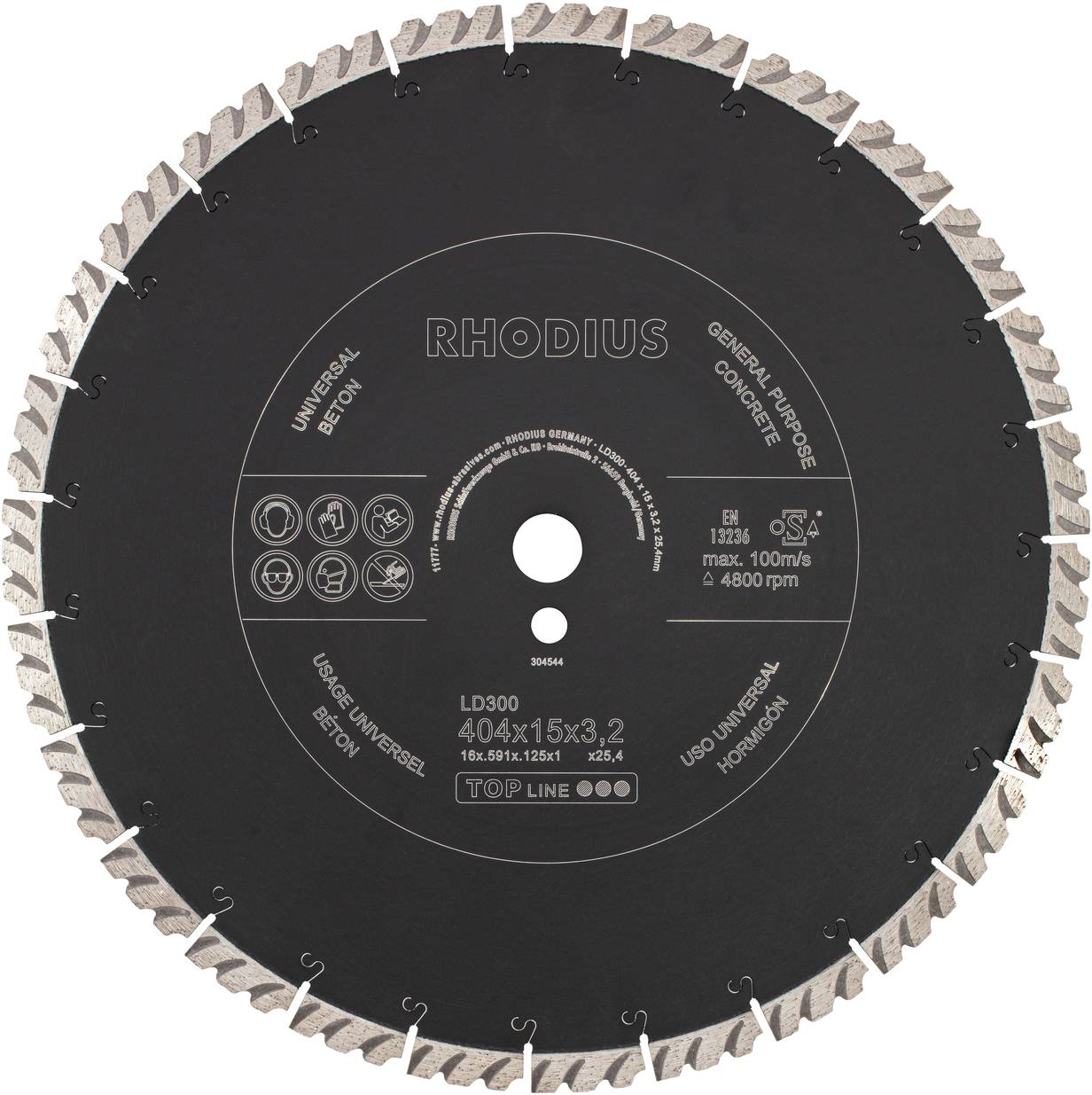 Disque de coupe 'RHODIUS', adapté pour le béton et applications générales, diamètre 405 mm, 15 dents de segment, vitesse max. 100 m/s, 4800 tr/min.
