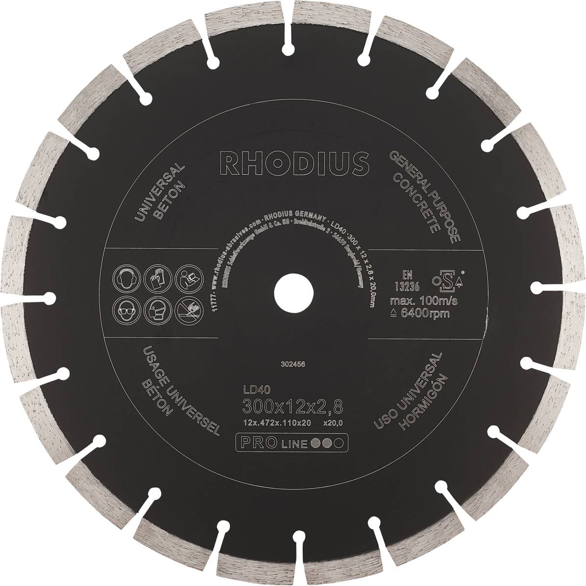 Disque diamanté de la marque Rhodius pour béton, de dimensions 300x12x2,8 mm, avec une vitesse de rotation maximale de 6400 tr/min.