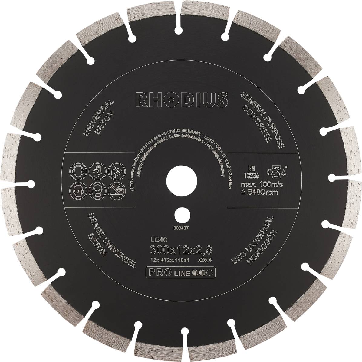 Lame de scie circulaire RHODIUS, idéale pour le béton, diamètre 300 mm, vitesse maximale 100 m/s, 6400 tr/min, polyvalente.
