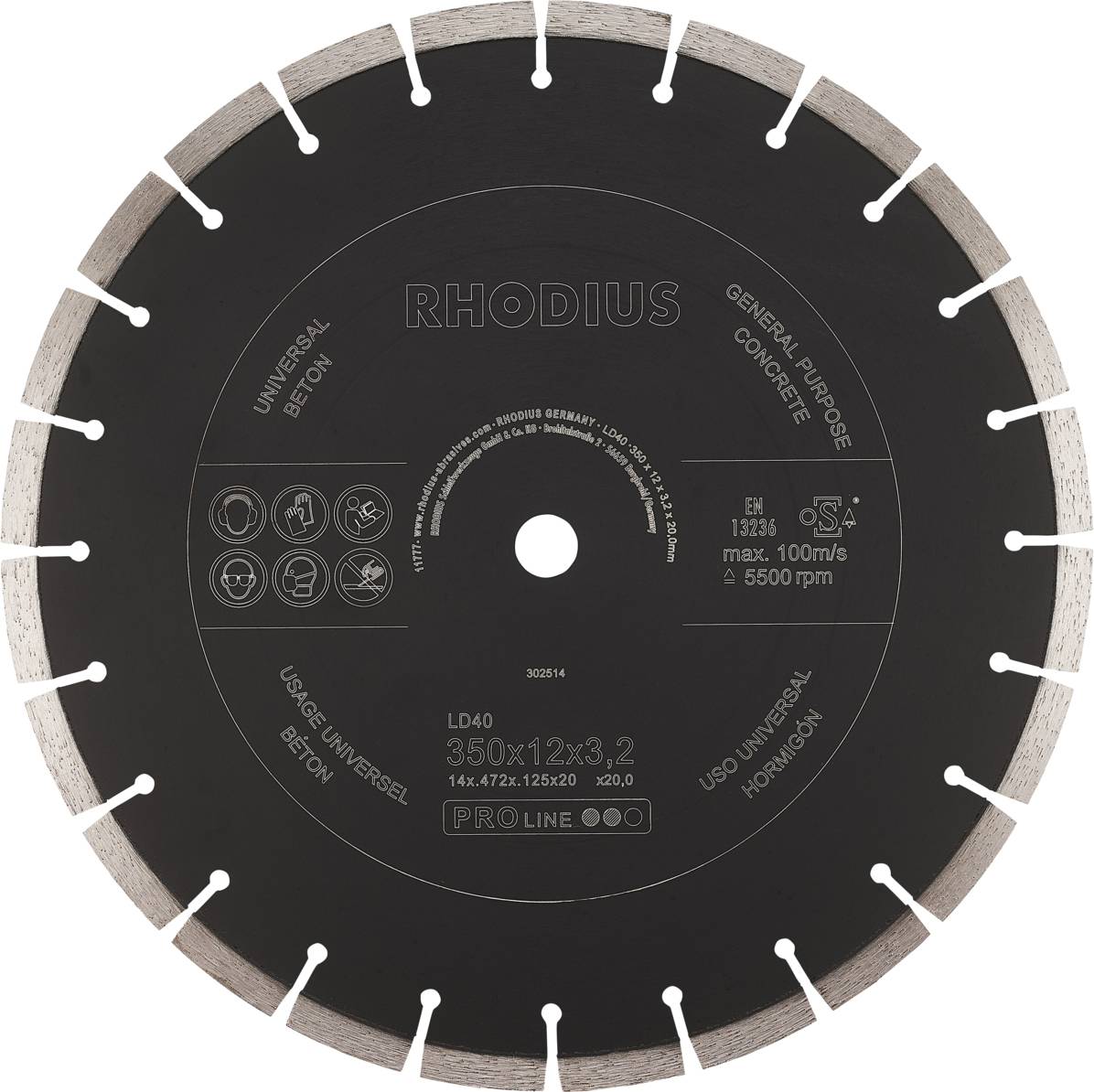 Une disque portant l'inscription 'RHODIUS', adapté pour le béton et usage universel. Dimensions : 350x12x3,2 mm, vitesse max. 100 m/s.