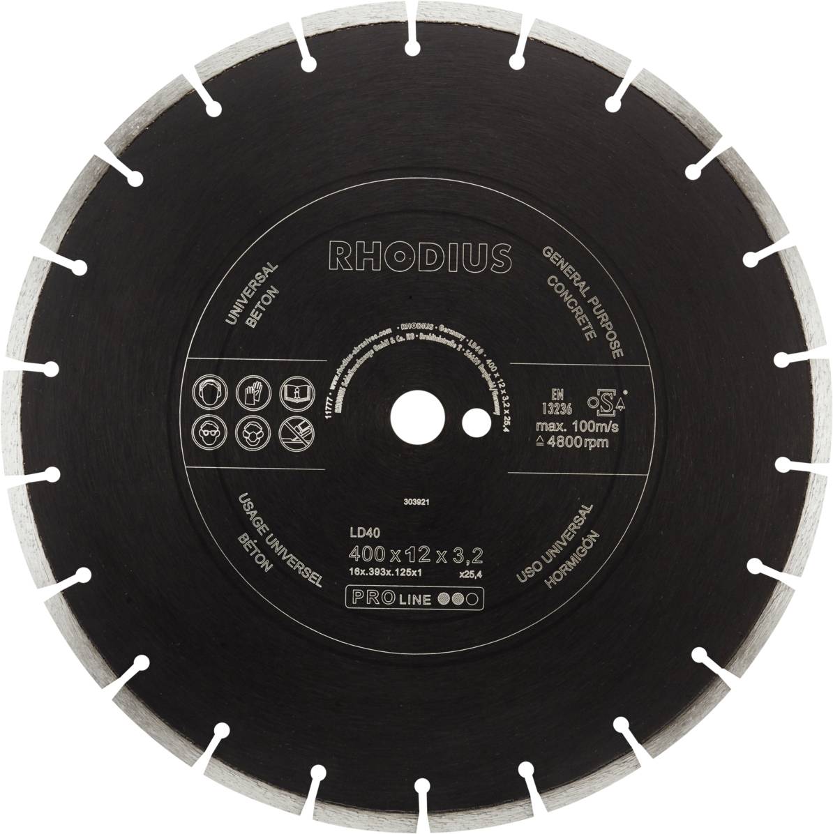 Lame de scie diamantée de la marque 'Rhodius', modèle LD40, 400 x 12 x 3,2 mm, adaptée pour la coupe de béton, 4800 tr/min, usage général.