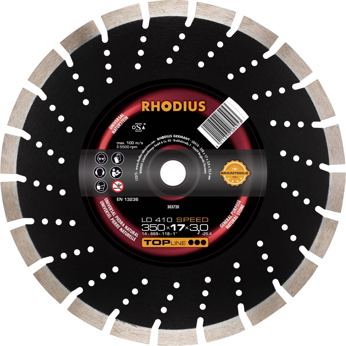 Illustration d'un disque à tronçonner RHODIUS pour coupe à haute vitesse. Modèle 'LD410 SPEED', diamètre 350 mm.
