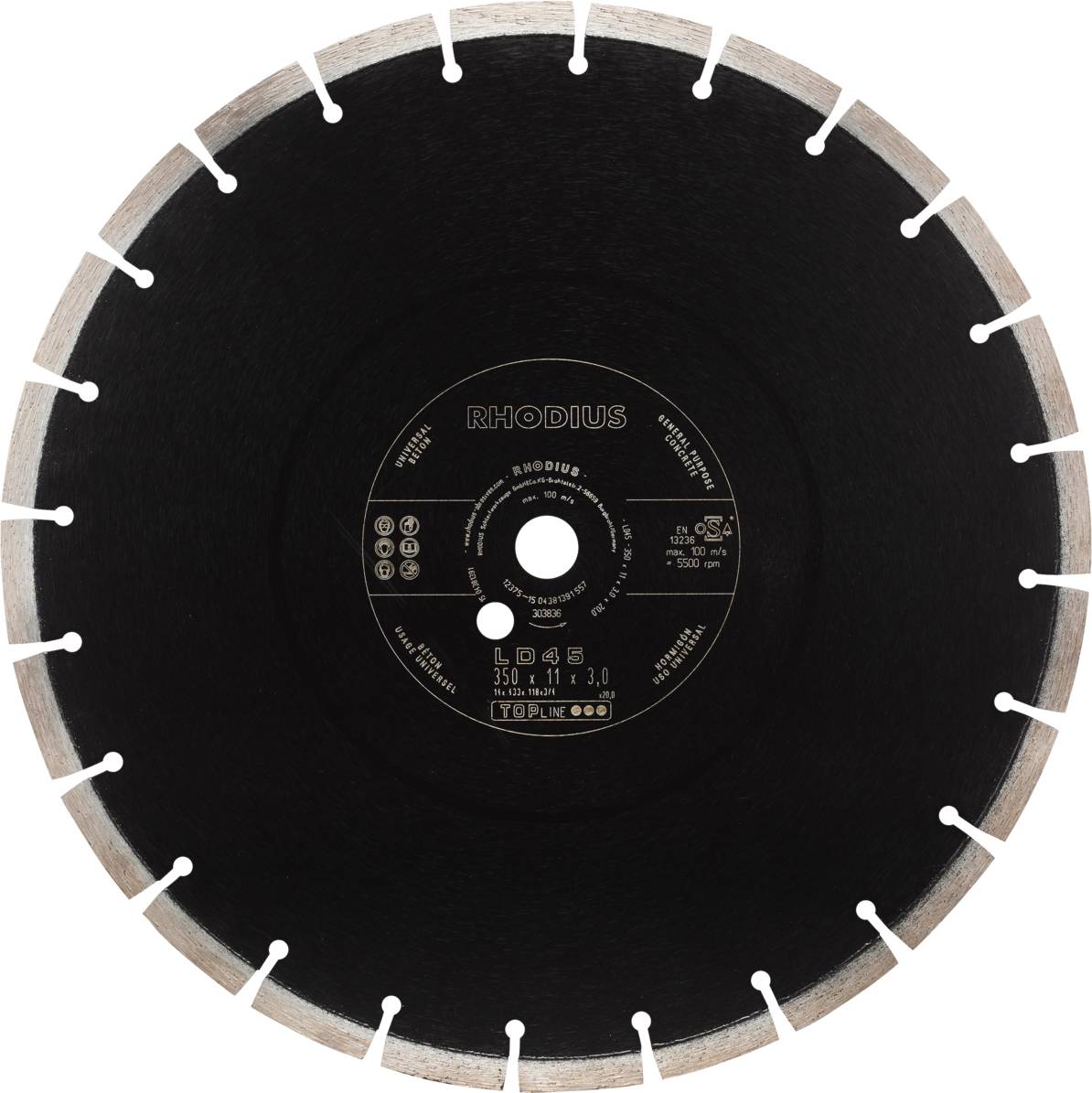 Disque de coupe noir avec des dents argentées, marque 'Rhodius'. Il est utilisé pour couper des matériaux tels que le métal ou le béton.