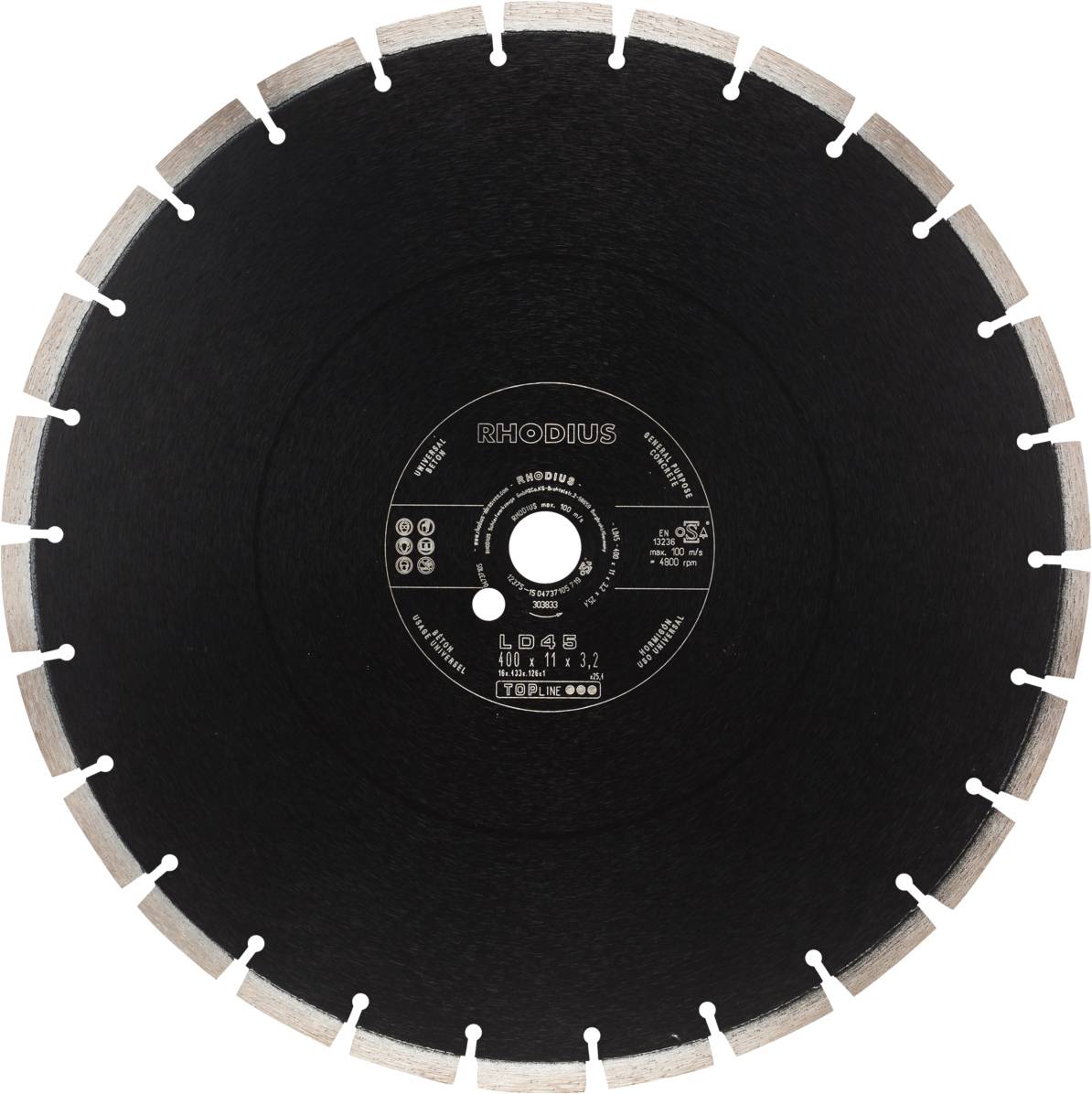 Un disque de coupe noir avec des segments métalliques sur le bord, marqué 'RHODIUS'. Il est utilisé pour couper des matériaux durs.