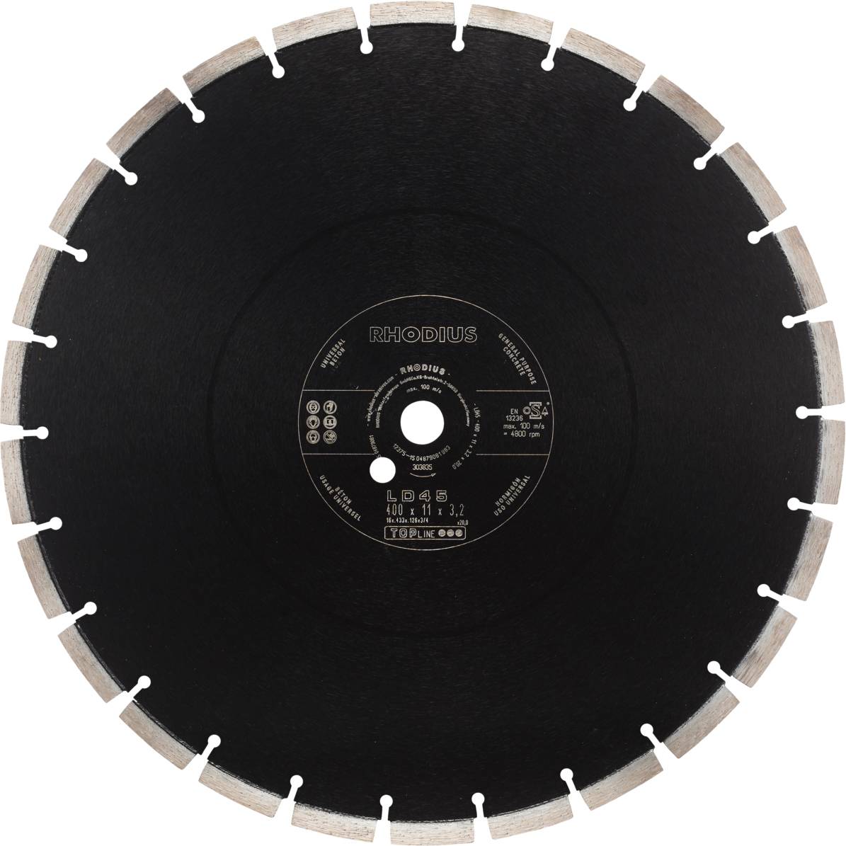 La 'RHODIUS LD50' est un disque de coupe diamanté noir avec des dents argentées pour couper des matériaux durs.