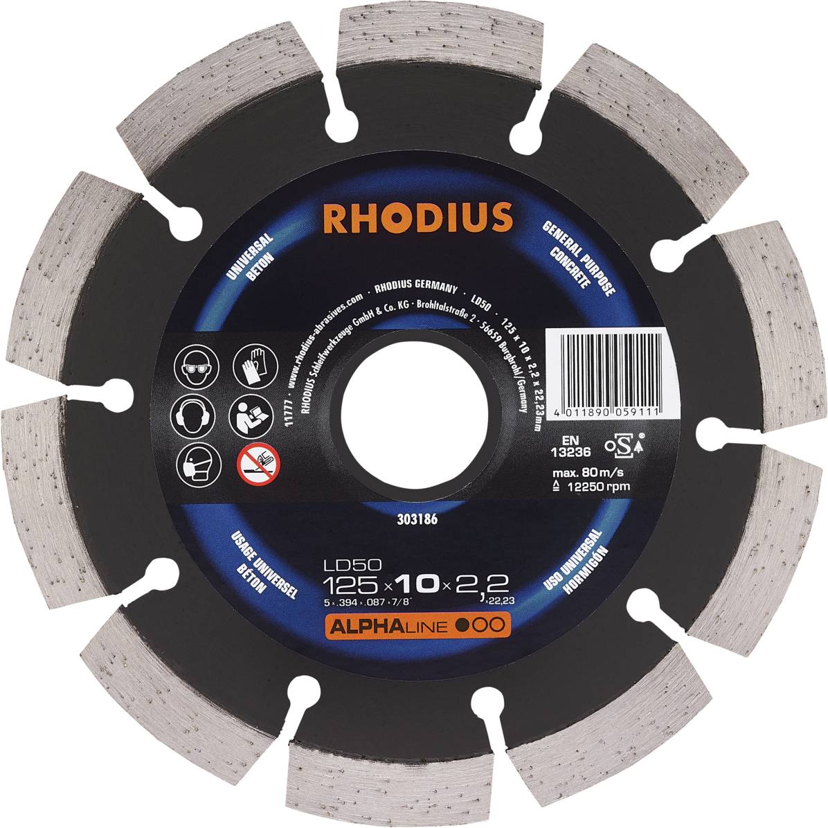 Disque de coupe RHODIUS LD50, 125 x 10 x 2,2 mm avec marquages indiquant la sécurité et les domaines d'application, affichant la vitesse maximale et l'utilisation du matériau.