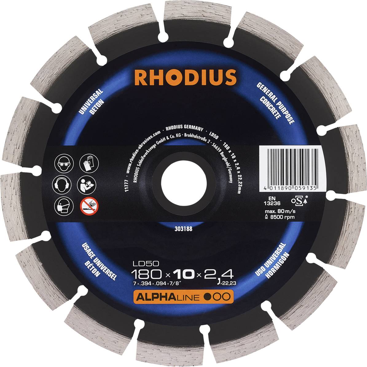 'Disque diamanté Rhodius pour béton. Type LD50, 180 x 10 x 2,4 mm, 80 m/s, max 8500 tr/min. Polyvalent, utilisable à sec ou à l'eau.'