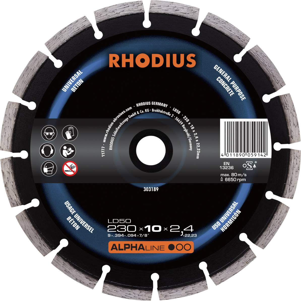 Disque diamanté portant l'inscription 'RHODIUS', adapté pour le béton, vitesse de rotation élevée jusqu'à 80 m/s, diamètre 230 mm, épaisseur 2,4 mm.