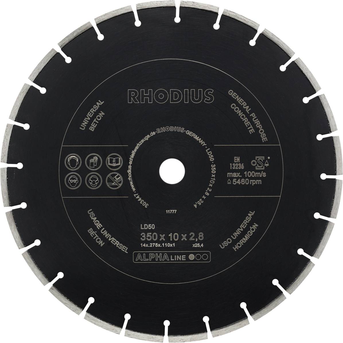 Lame de scie pour béton et autres matériaux, diamètre 350 mm, hauteur de segment 10 mm, largeur de segment 2,8 mm, marque RHODIUS.