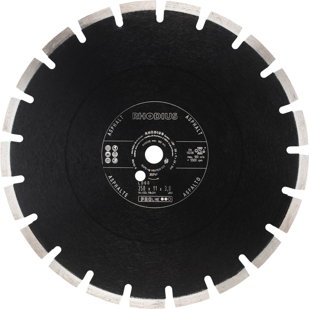 Disque de coupe noir avec des dents argentées, nom de marque 'Rhodius' au centre, adapté pour le travail du béton et de l'asphalte.