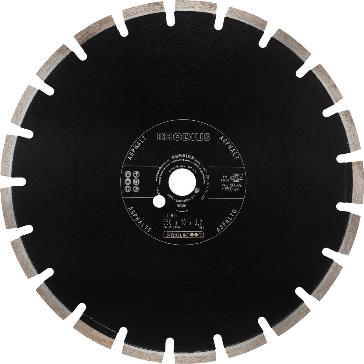Disque diamant noir avec segments blancs, inscription 'Rhodius Asphalt' au centre, diamètre 350 mm, adapté pour l'asphalte et le béton.