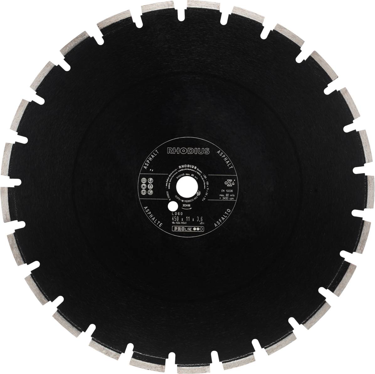 Disque de coupe noir avec bord dentelé, adapté pour la séparation de matériaux. Des marquages sur la surface indiquent les spécifications.