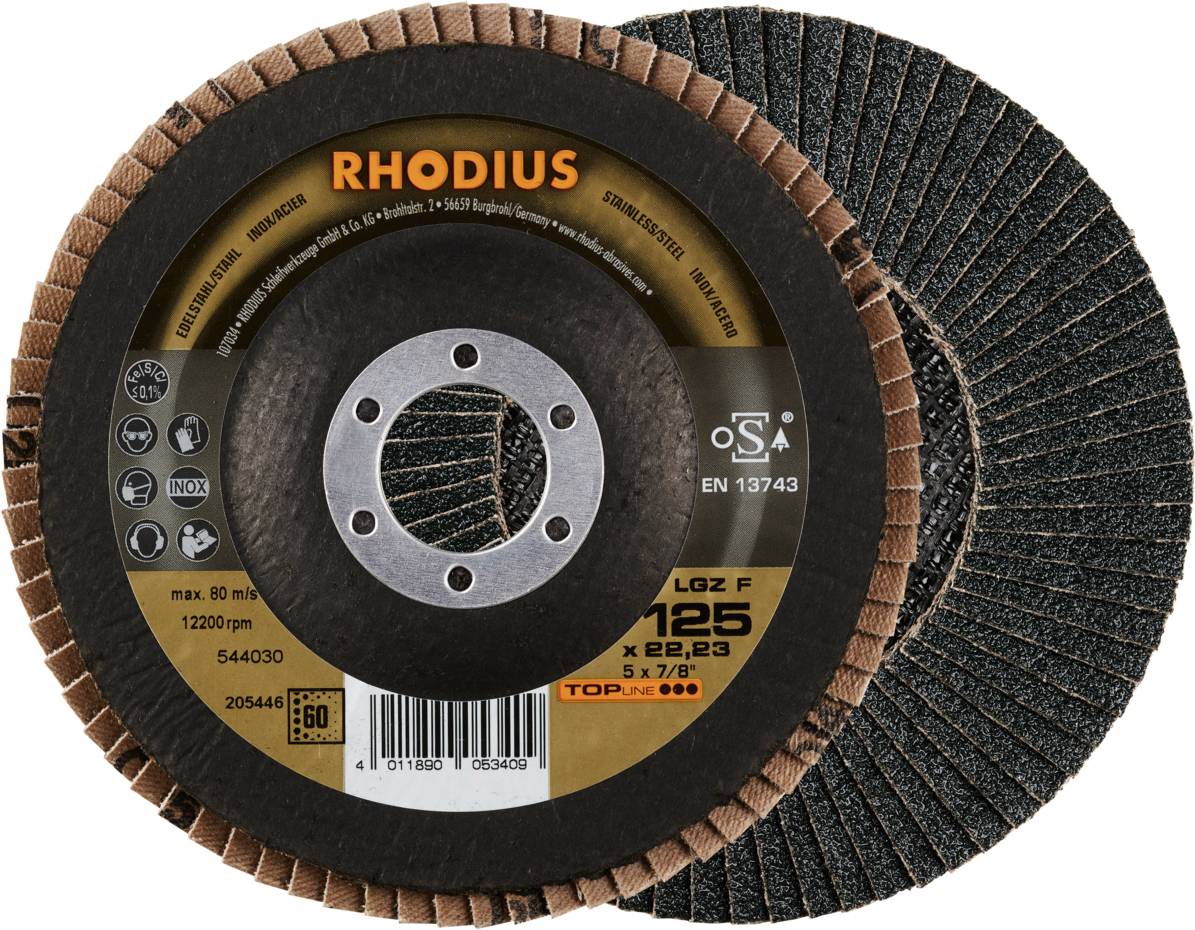 Disque à lamelles avec rainures prononcées et impression : « RHODIUS LGZ F 125 x 22,23 ». Adapté pour l'usinage des métaux à une vitesse maximale de 12 200 tr/min.