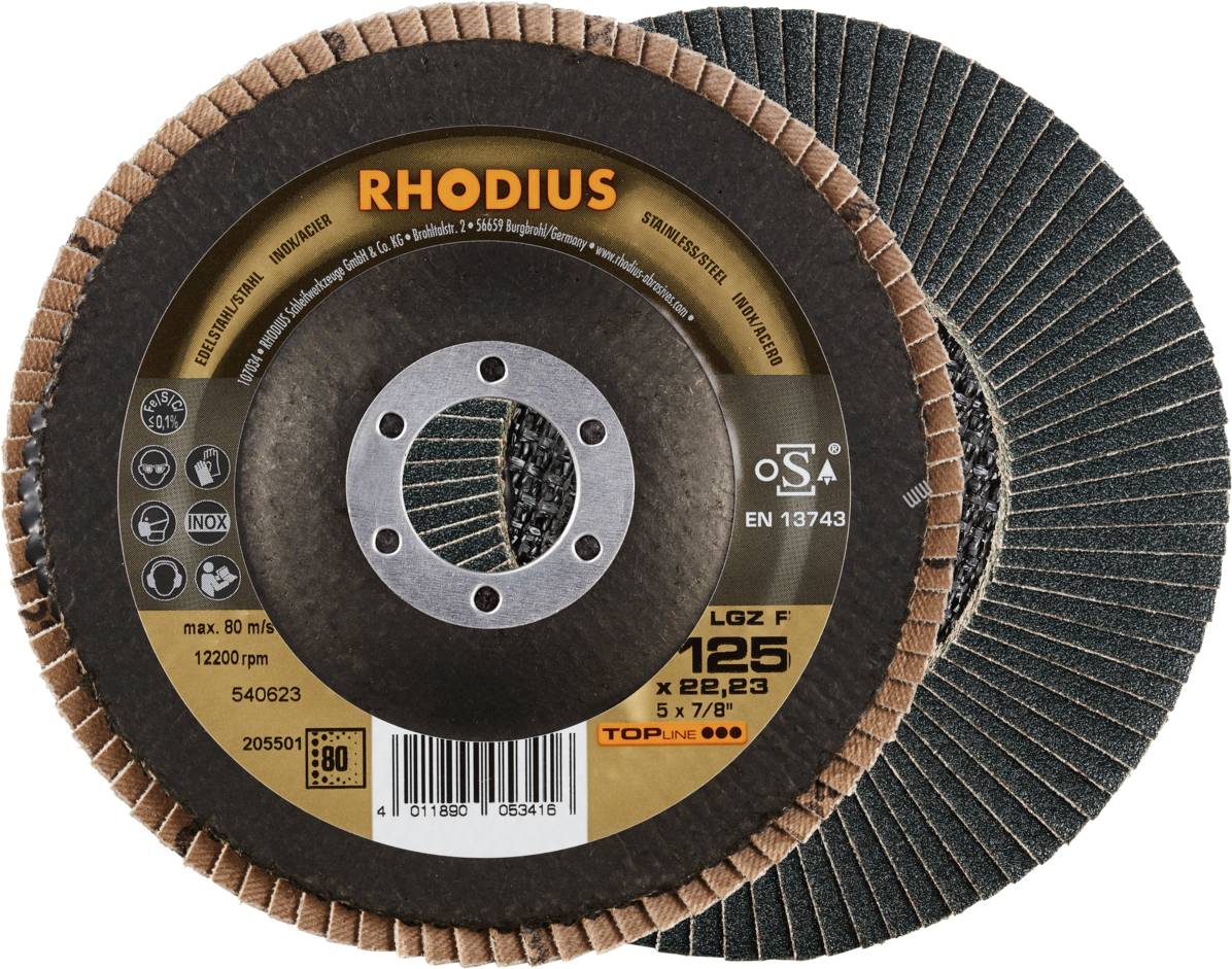 Disques à tronçonner Rhodius avec bride, arêtes de coupe disposées en spirale ; pour l'usinage des métaux ; vitesse max. 80 m/s ; 125 x 22,23 mm.