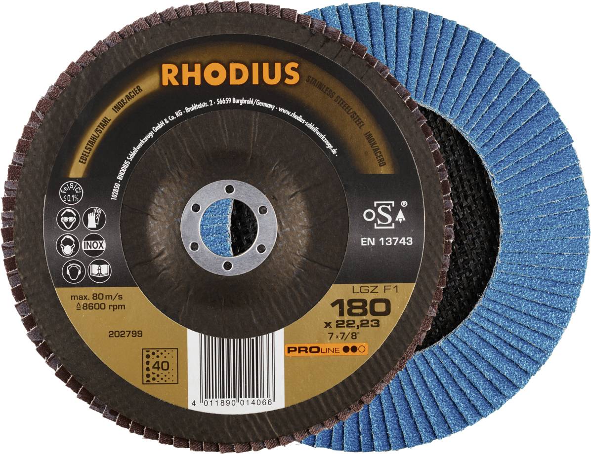 Lot de meules abrasives, composé de deux meules : l'une avec l'étiquette brune 'Rhodius', l'autre présentant des lamelles abrasives bleues.