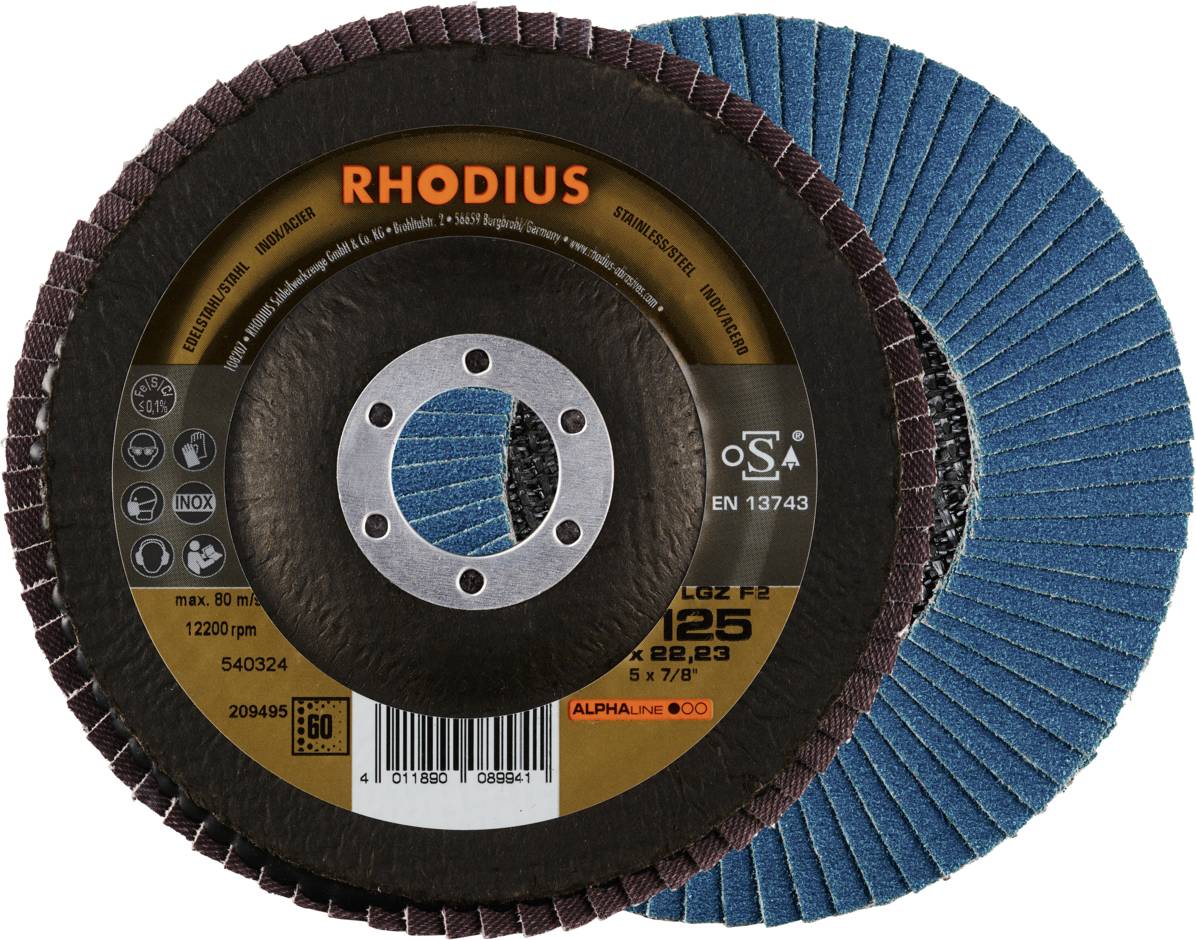 Deux meules abrasives de RHODIUS, l'une avec une surface de meulage bleue, l'autre montrant l'étiquette avec la marque et les spécifications techniques.