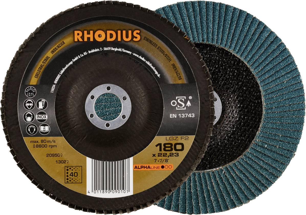 Disques abrasifs 'RHODIUS' avec informations sur le produit et la sécurité. Diamètre 180 mm, adaptés pour l'usinage des métaux.
