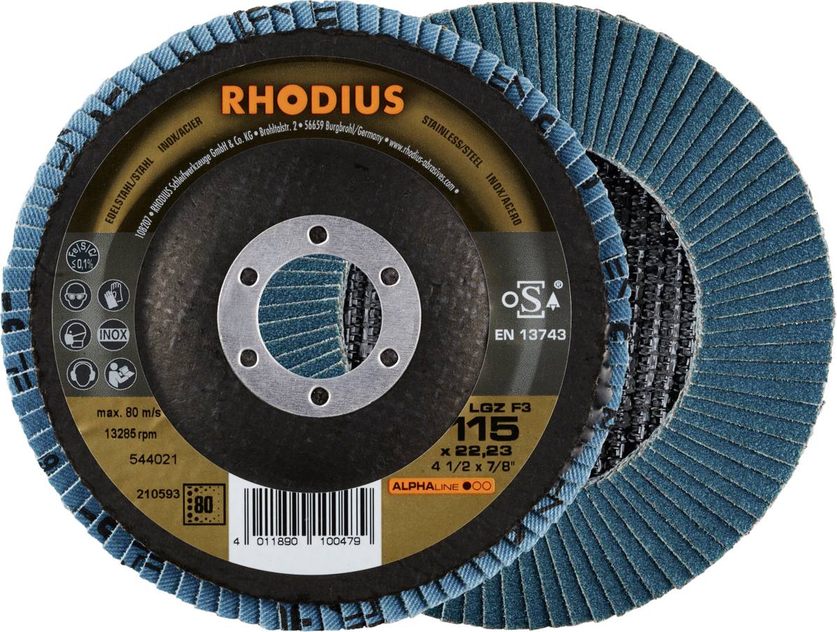 Disques abrasifs à lamelles 'RHODIUS', bleus, diamètre 115 mm. Adaptés pour 13300 tr/min, grain 80, pour l'usinage des métaux.