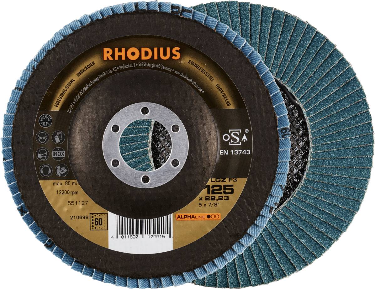 Disques abrasifs 'RHODIUS', diamètre de 125 mm, surface de ponçage turquoise, avec un trou central pour fixation sur machine.