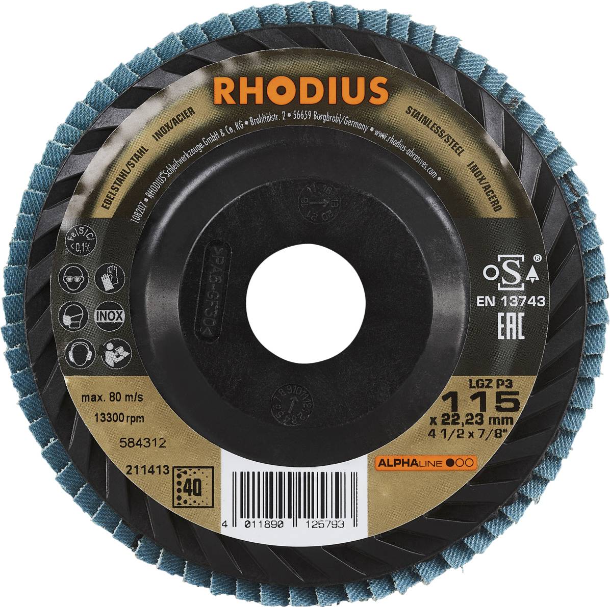 Disque à meuler « RHODIUS » pour l'usinage des métaux, vitesse max. 80 m/s, 13 300 tr/min, diamètre 125 mm, grain de corindon P60, certifié EN 13743.