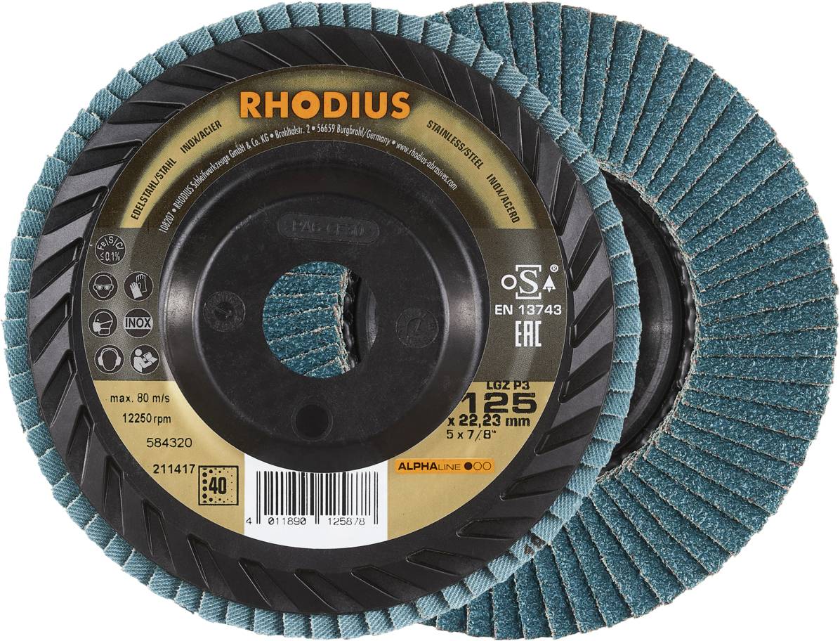 Deux meules abrasives portant l'inscription 'RHODIUS', adaptées pour l'usinage des métaux. Des inscriptions indiquant les dimensions, le modèle et le logo de sécurité sont visibles.