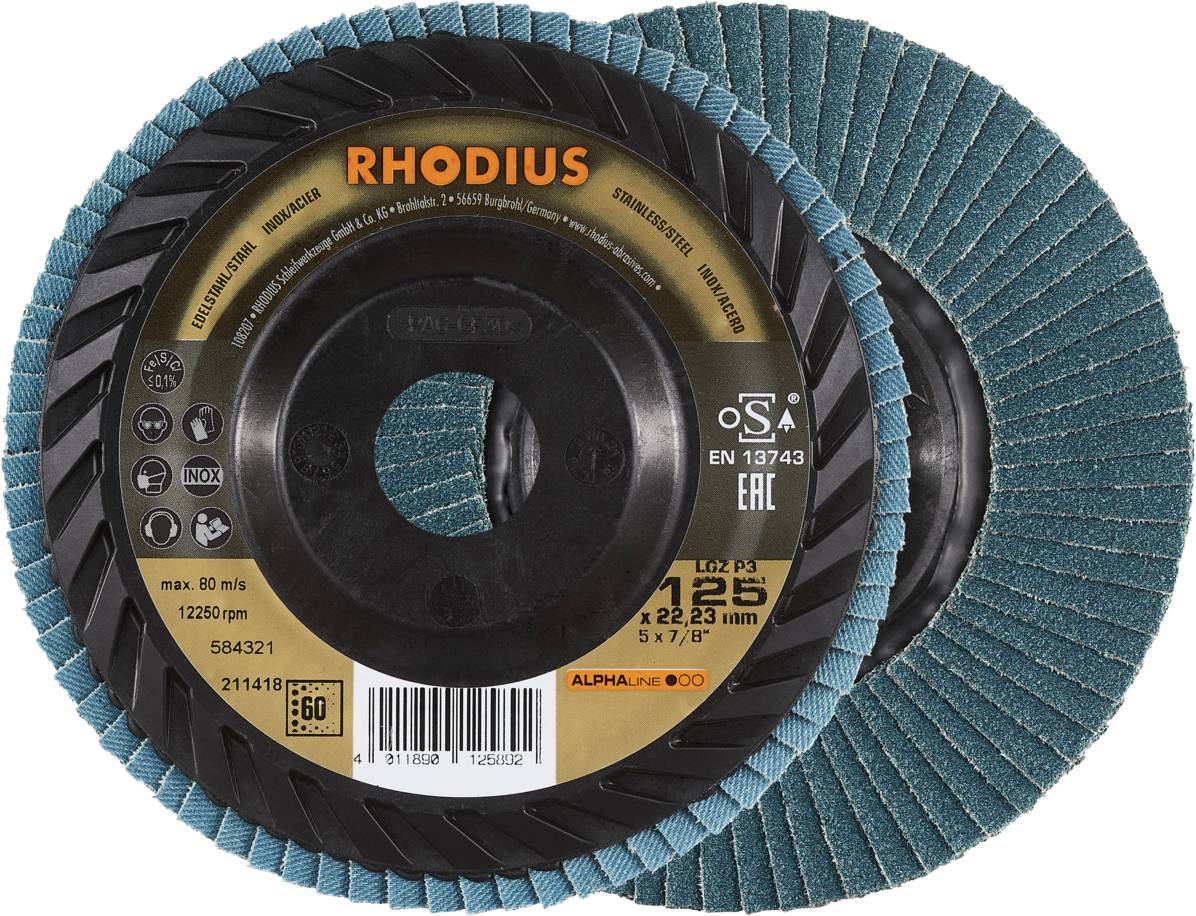 Disque à lamelles RHODIUS de 125 mm de diamètre. Adapté pour le meulage des métaux. Détails du produit et informations de certification illustrés.