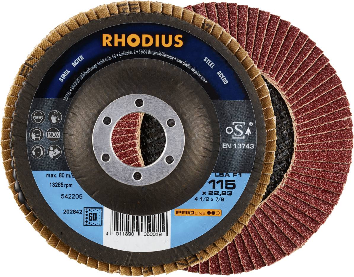 Deux meules abrasives de RHODIUS, l'une montrant l'étiquette avec les spécifications, l'autre présentant la surface de meulage.
