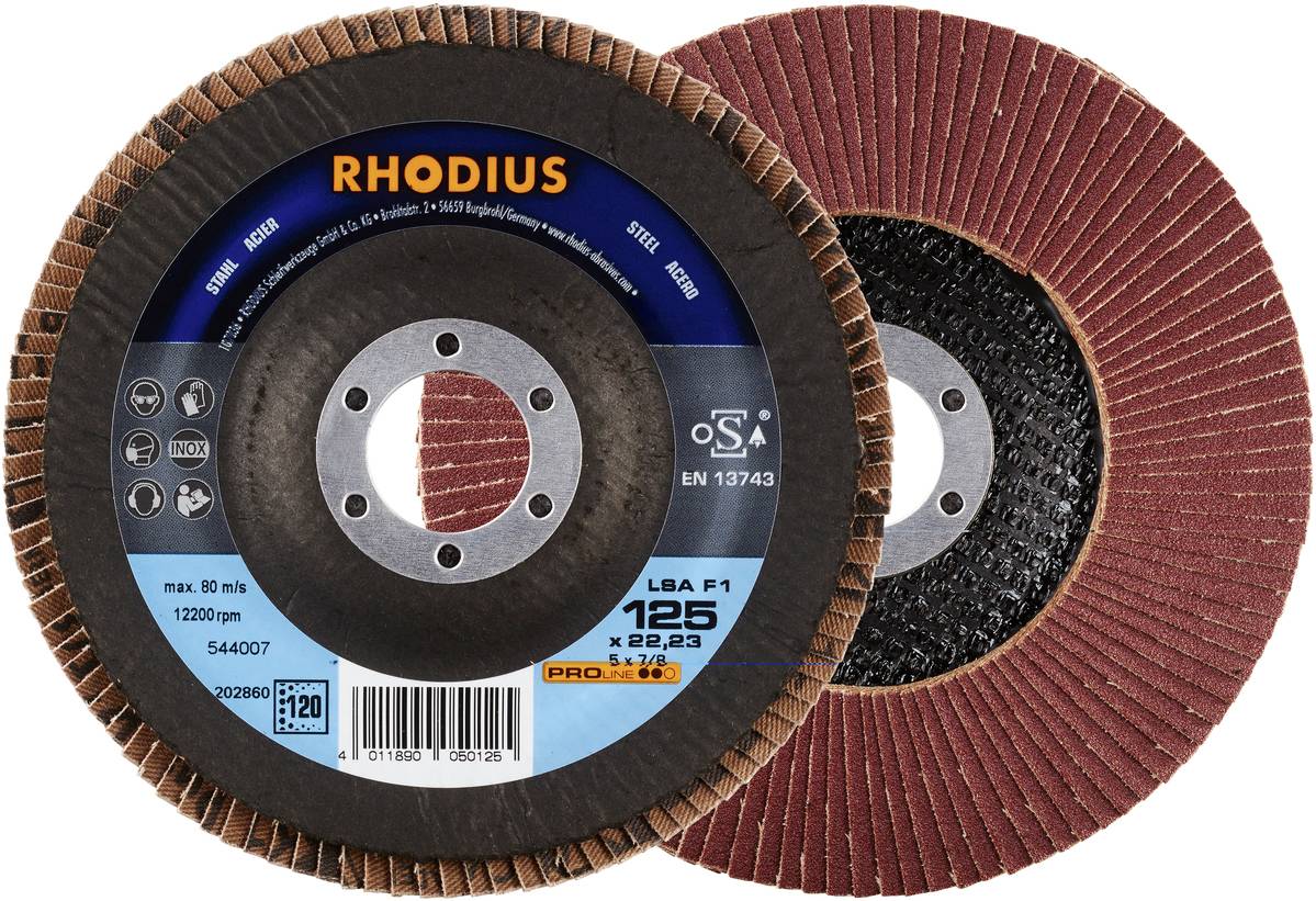 Disques abrasifs RHODIUS, max. 12 200 tr/min, certifiés EN 13743, pour un ponçage précis.