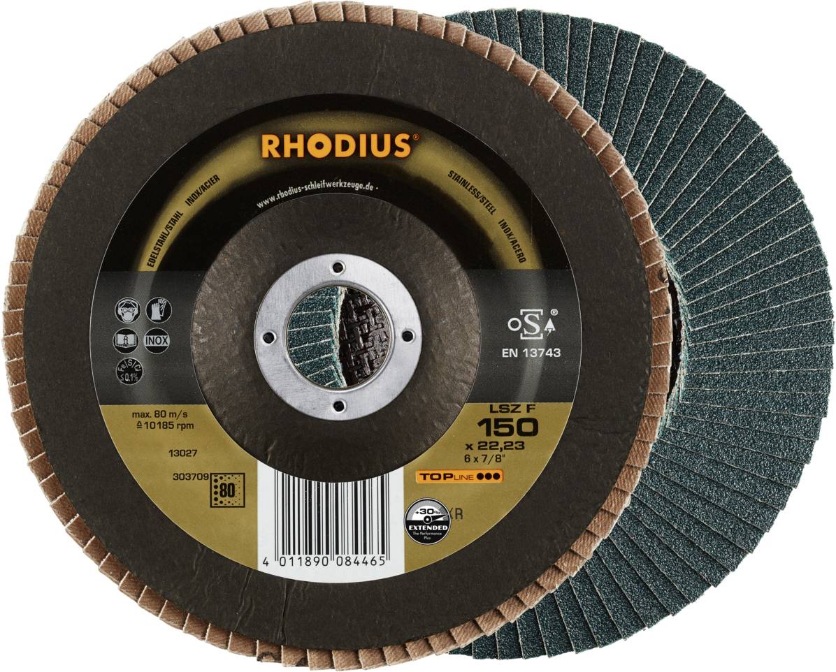 Disques abrasifs avec matériau de ponçage vert, étiquette portant l'inscription 'RHODIUS LSZ F 150', pour travaux de meulage, norme EN 13743.