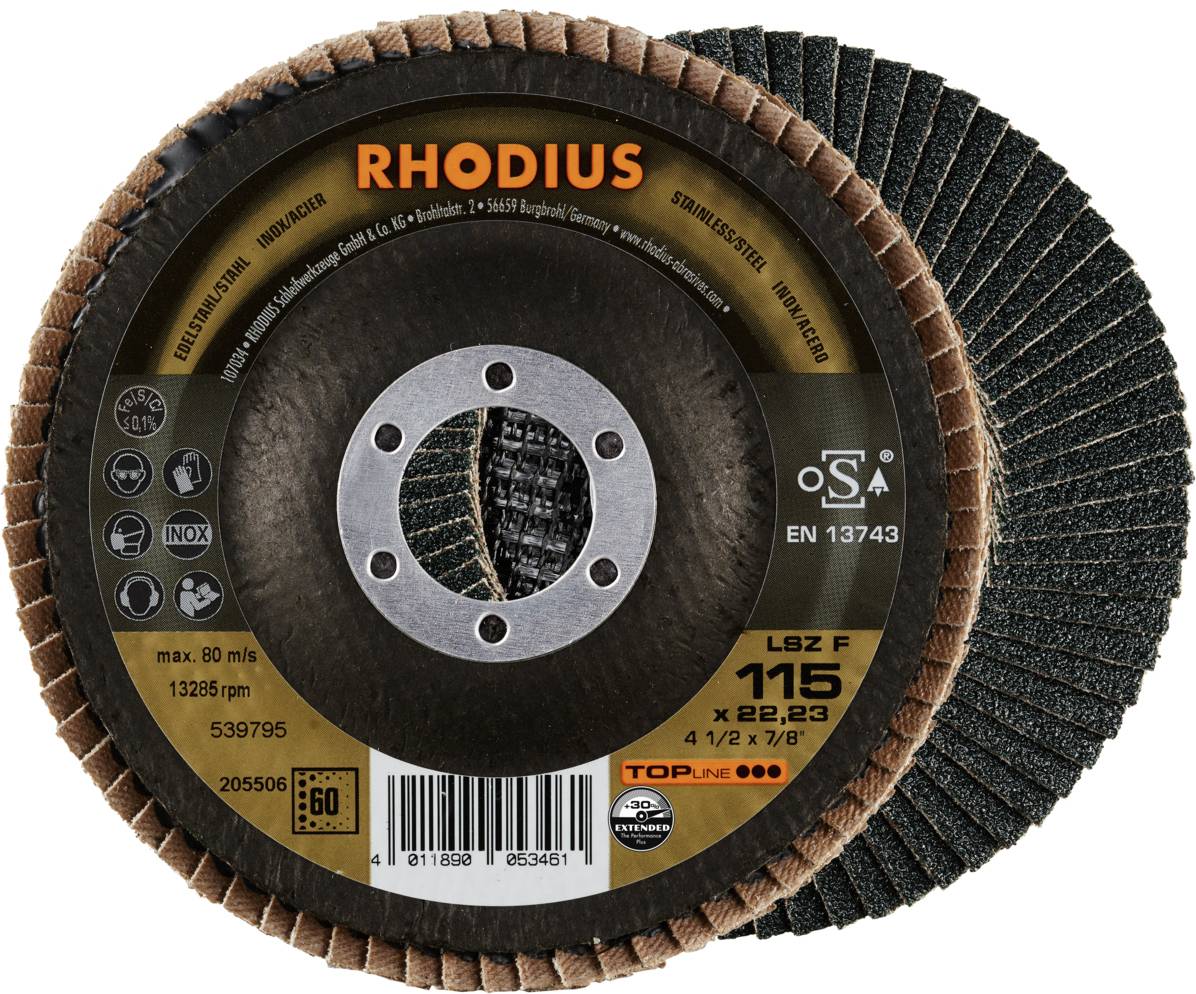 Disque abrasif à lamelles RHODIUS' de dimensions 115 x 22,23 mm, adapté pour l'acier et l'acier inoxydable, recommandé jusqu'à 80 m/s, type LSZ F.