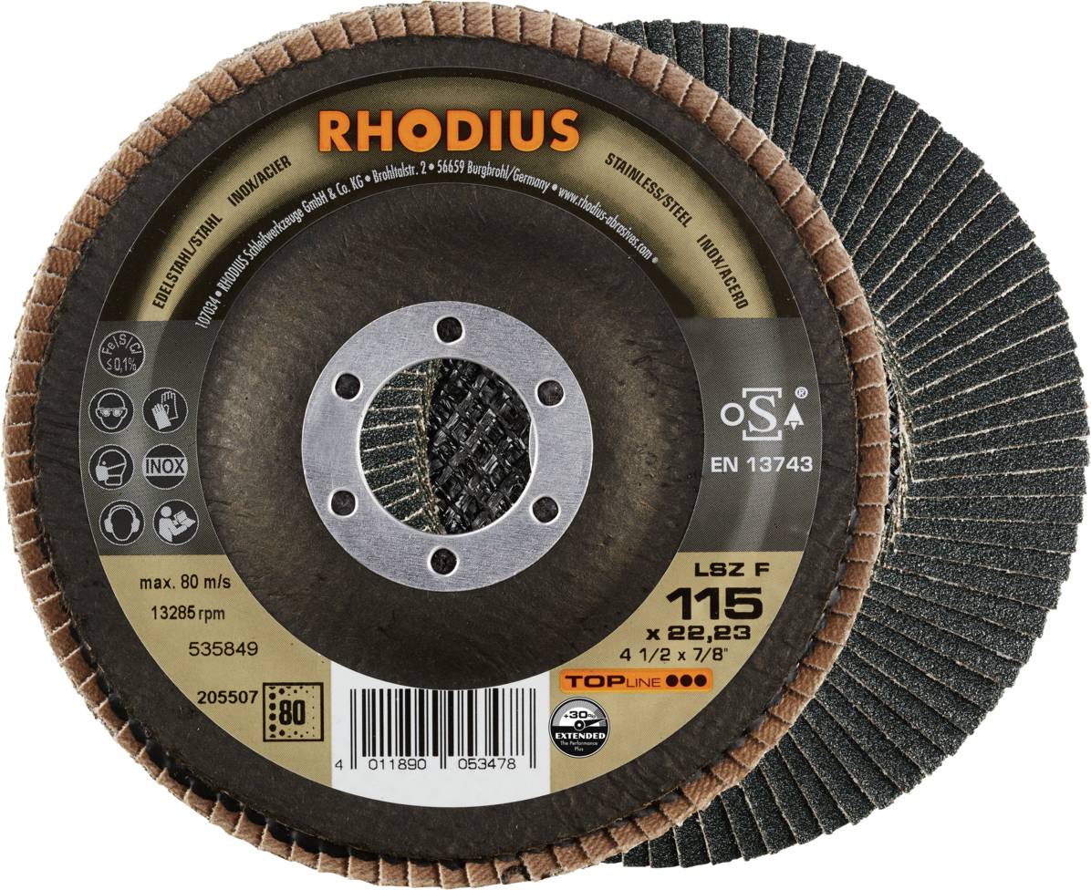 Disque abrasif 'RHODIUS', adapté pour l'acier inoxydable, vitesse max. 80 m/s, 13 286 tr/min, diamètre 115 mm, alésage 22,23 mm, conforme à la norme EN 13743.
