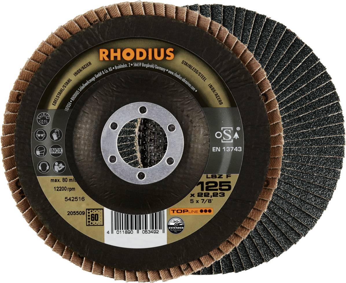 Disque abrasif à lamelles 'Rhodius', vitesse max. 80 m/s, 12 200 tr/min, taille 125 x 22,23 mm, conforme à la norme EN 13743 et certifié OSA, pour travaux de meulage.