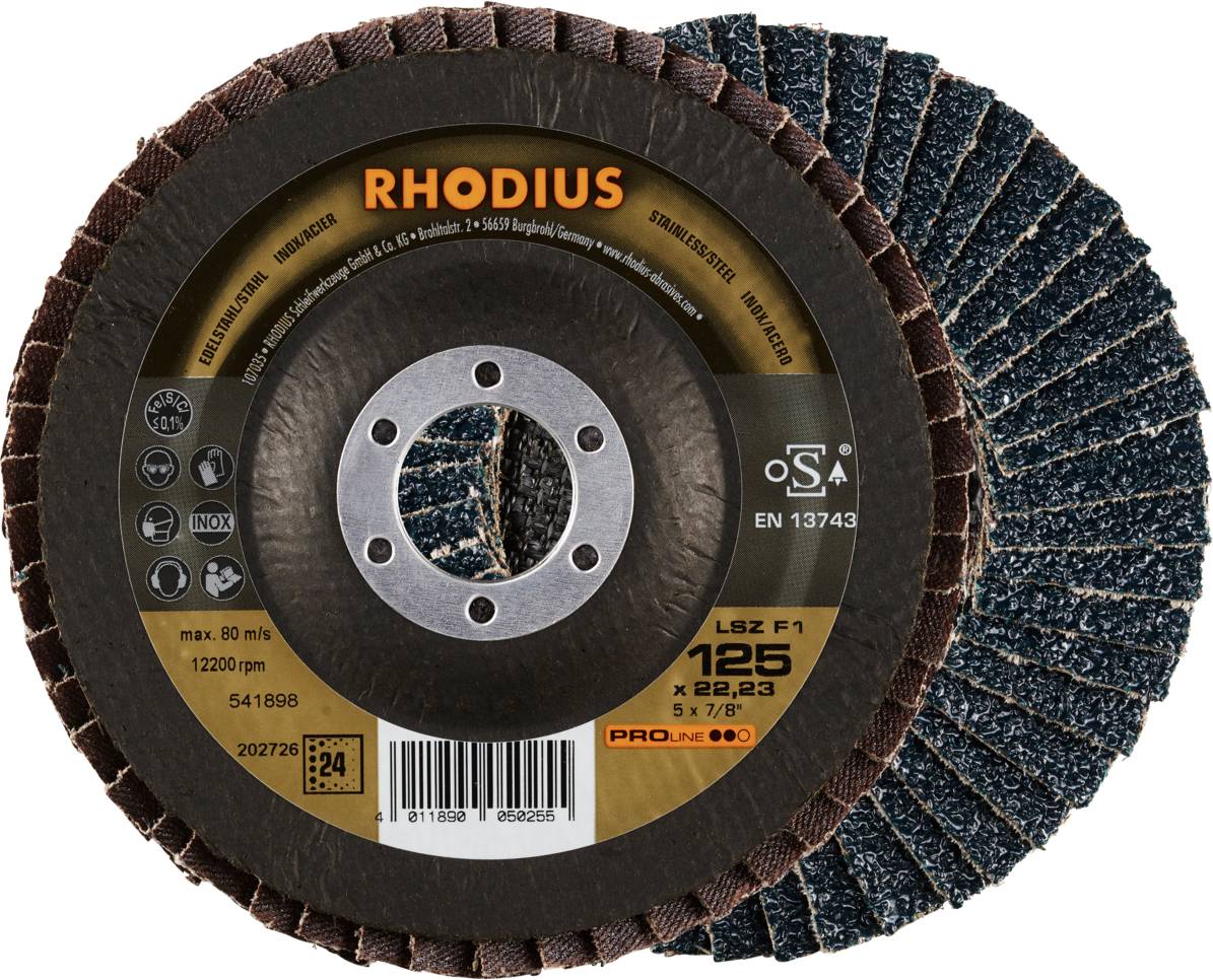 Disque à tronçonner de la marque 'RHODIUS', adapté pour le traitement de l'acier inoxydable. Caractéristiques : diamètre de 125 mm, vitesse maximale de 12200 tr/min, conforme à la norme EN 13743.
