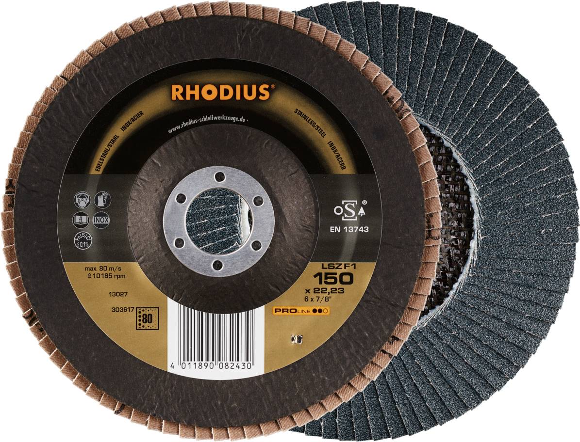 Disque à lamelles abrasives Rhodius, modèle LSZ F1, diamètre 150 mm, vitesse maximale 80 m/s pour une utilisation en usinage des métaux.