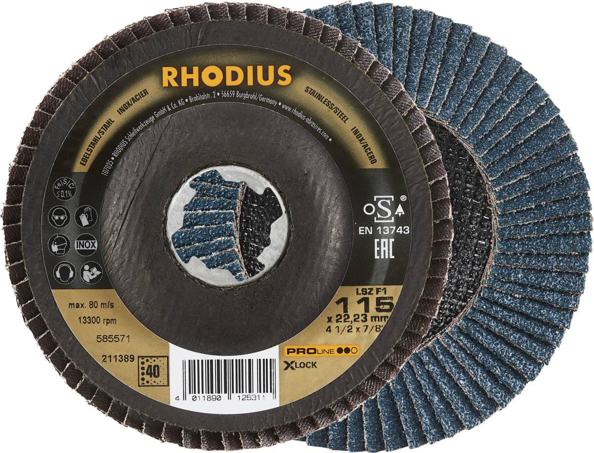 Deux disques à lamelles de Rhodius, avec X-LOCK, diamètre 115 mm, pour l'usinage des métaux, vitesse maximale de 80 m/s.