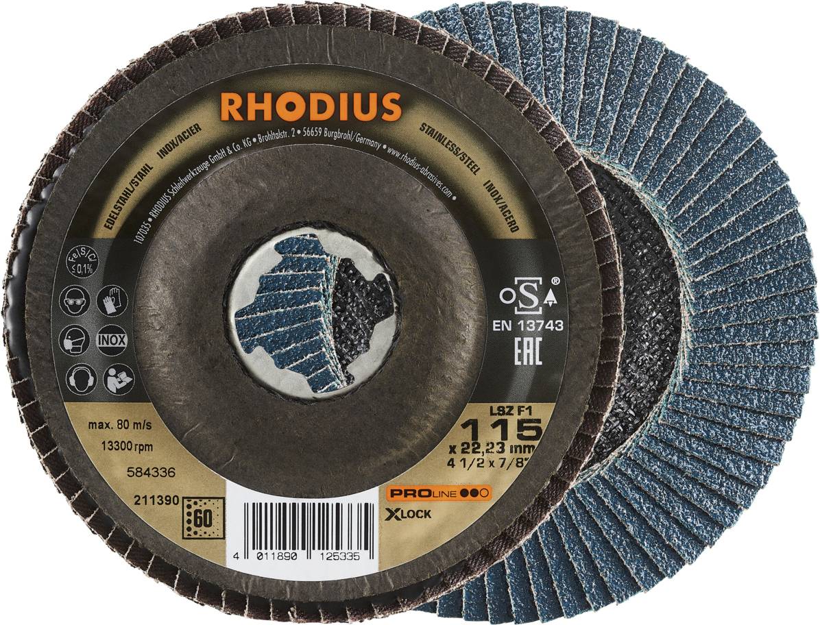 Deux meules abrasives de Rhodius : L'une montre la face avant avec les détails du produit, l'autre la granulométrie et la structure.