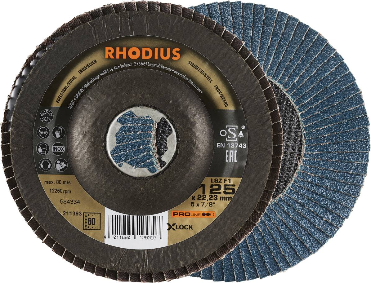 Deux meules abrasives : sur le devant, la face rouge avec les informations produit, à l'arrière, la surface abrasive bleue. Nom de marque « RHODIUS » visible.