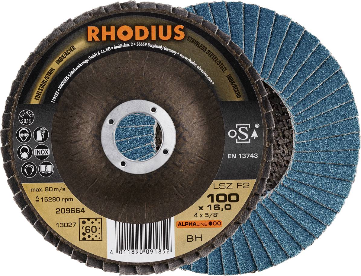 Deux disques abrasifs superposés avec une surface de ponçage bleue et un dos brun, marqués 'RHODIUS' et portant des détails techniques.
