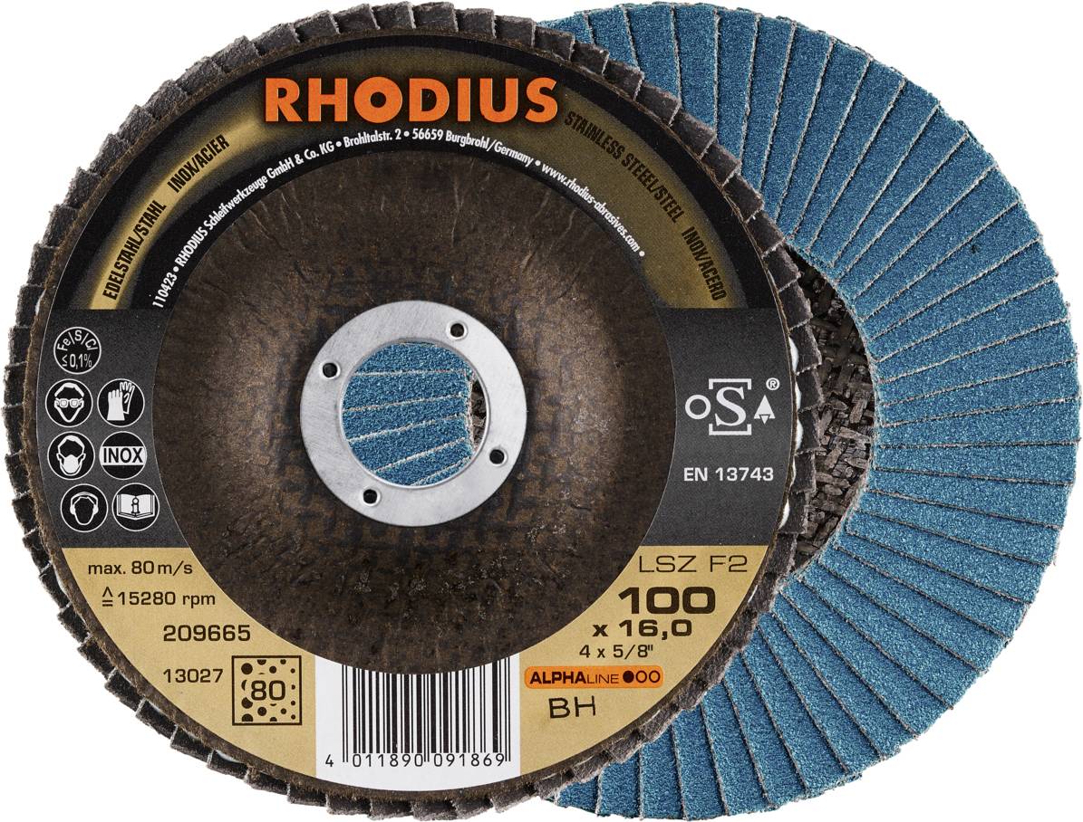 'Disques abrasifs RHODIUS, Ø100x16,0mm, max. 80m/s, EN 13743, LSZ F2-209665. Convient pour l'acier inoxydable, l'acier, l'aluminium, le bois.'