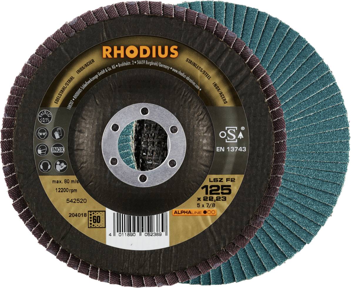 Disque abrasif 'RHODIUS' avec abrasif vert, adapté pour l'usinage des métaux, vitesse de rotation jusqu'à 12200 tr/min, diamètre 125 mm.