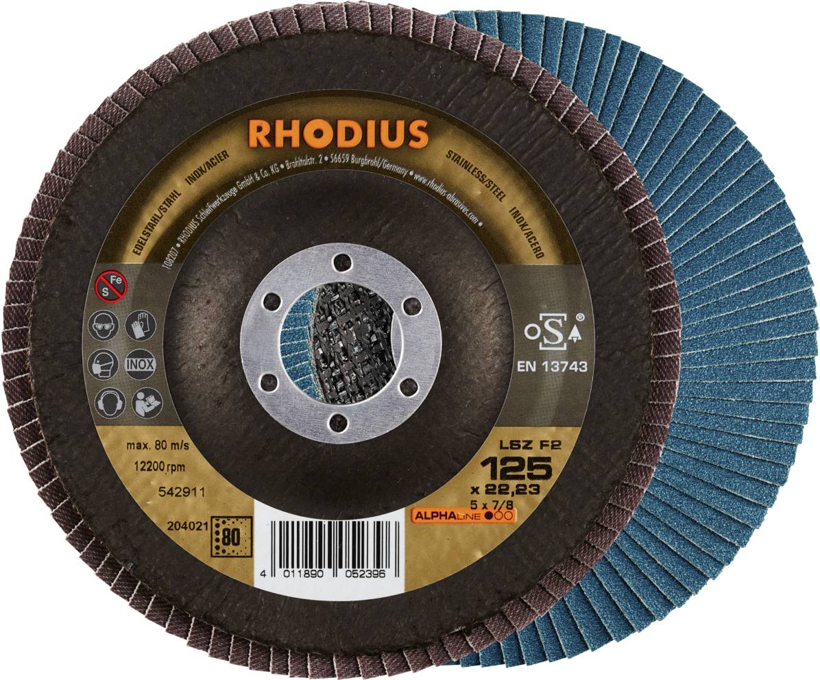 Disque à meuler portant l'inscription 'RHODIUS', diamètre 125 mm, vitesse maximale 80 m/s. Contient des symboles de sécurité et des détails d'application.