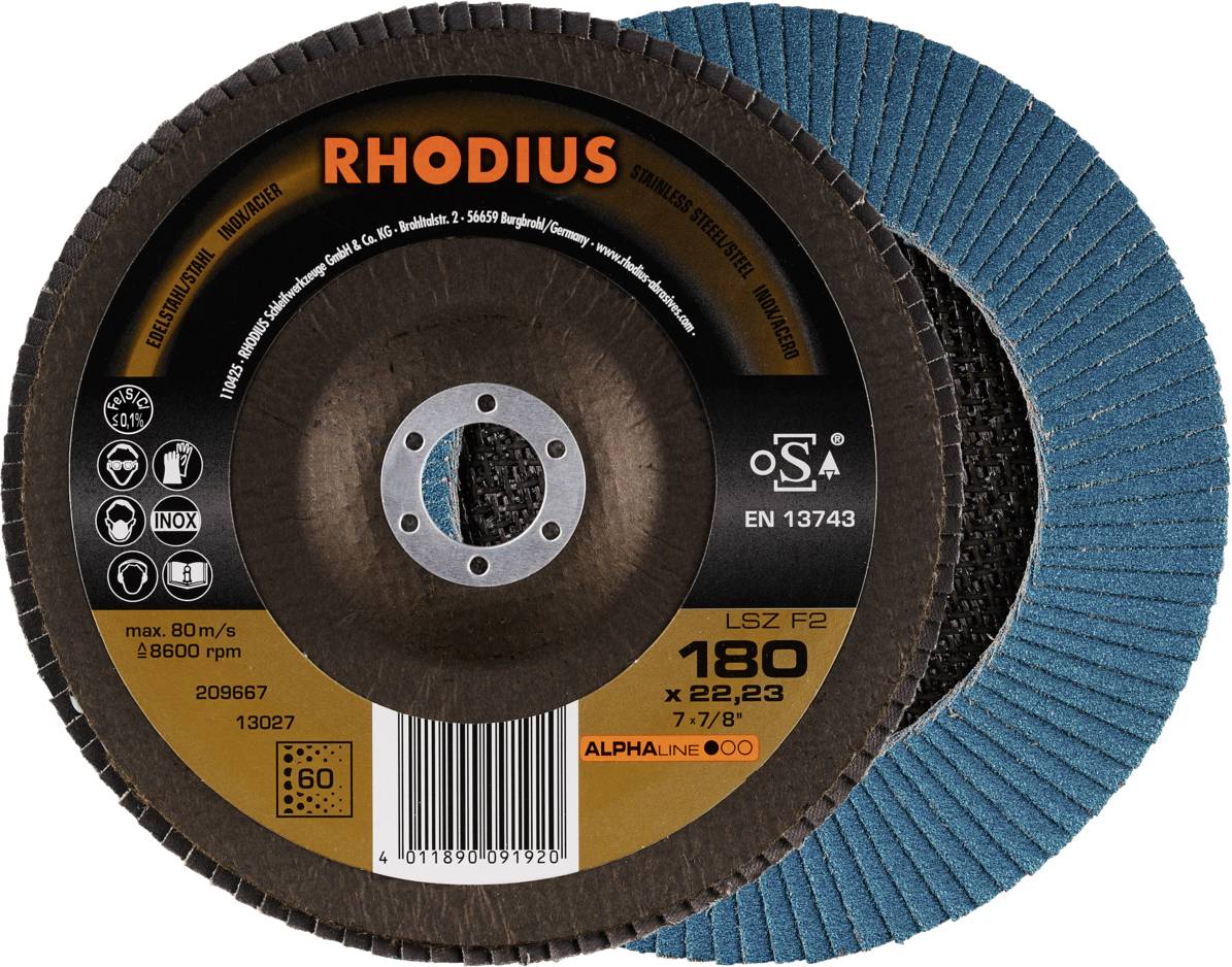 Disque à meuler 'RHODIUS', modèle LSZ F2, diamètre 180 mm, pour travaux de meulage de métaux, vitesse maximale de 80 m/s.