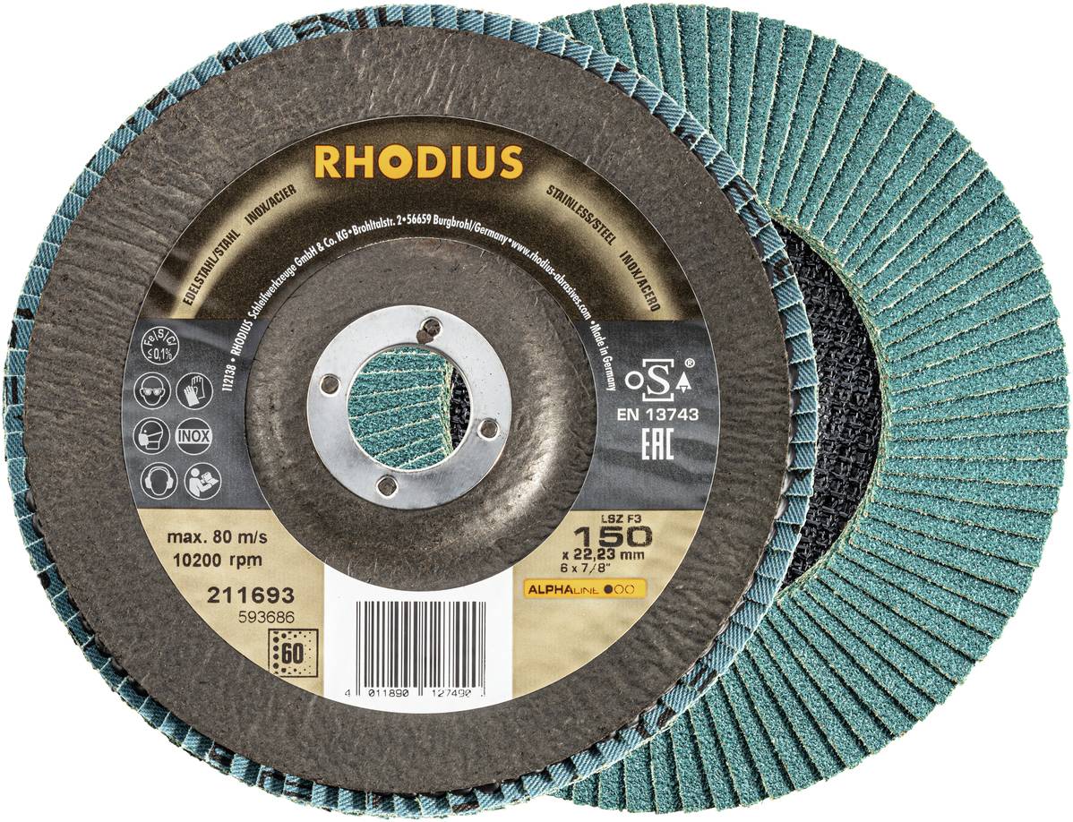 Deux meules abrasives vertes de la marque 'RHODIUS' avec marquage technique, adaptées pour une utilisation jusqu'à 80 m/s ou 10 200 tr/min.