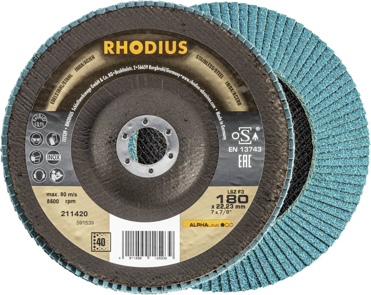 Deux meules de la marque Rhodius, l'une montrant l'étiquette avec les spécifications techniques, l'autre montrant la surface de meulage bleue.